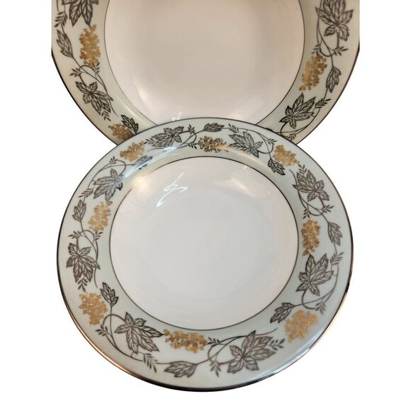 Noritake China Silvine 5487 Soup Bowls Set Of 2 With Floral Leaf Pattern Rim Des - Picture 7 of 8